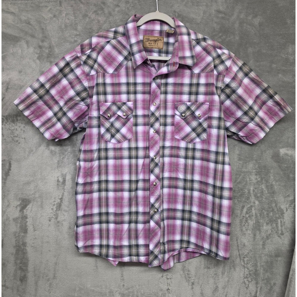 Wrangler Retro Mens XXL Purple Plaid Short Sleeve Pearl Snap Western Shirt